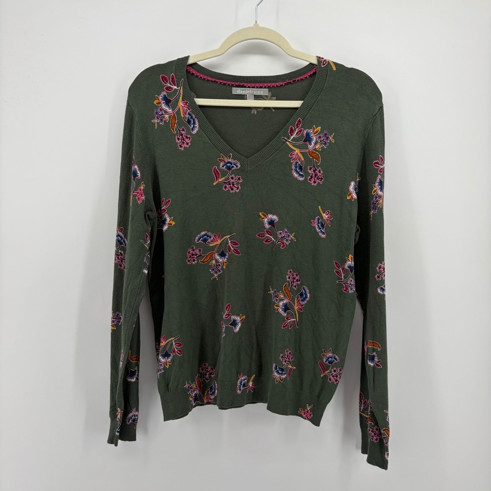 Daniel Rainn Womens Large Olive Green Floral V-Neck Pullover Sweater D70152SR2
